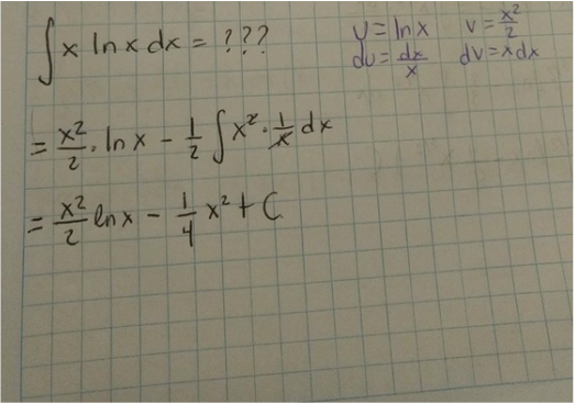 Ejercicio de integración por partes de x por ln(x)